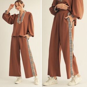 Brown Plaid Trim Women's Pants